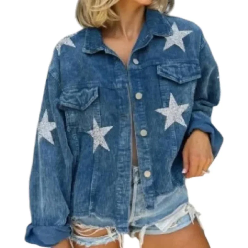 Corduroy Jacket With Sequin Stars In Blue