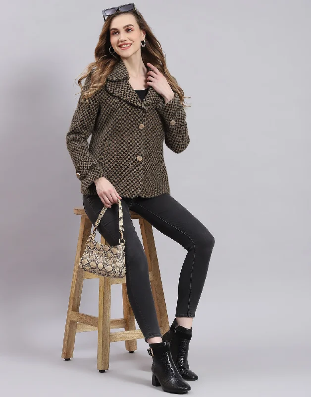 Women Beige Self Design Lapel Collar Full Sleeve Coat