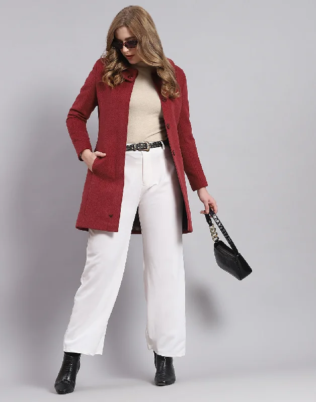 Women Maroon Solid Collar Full Sleeve Coat